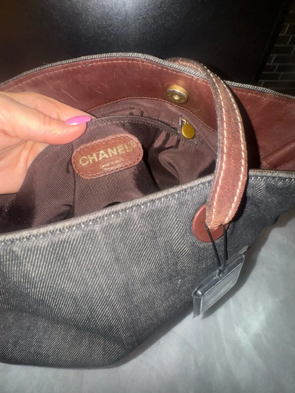 CHANEL Dark Gray Denim Tote with Brown Leather Straps - Picture 7 of 16